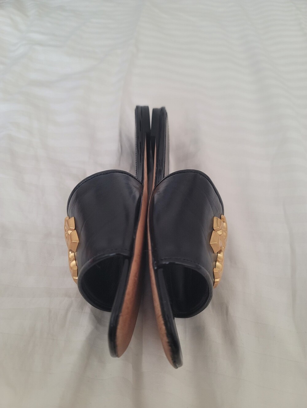 Tory Burch Black Eleanor Leather Slide Sandals with Gold Logo - Picture 4 of 7